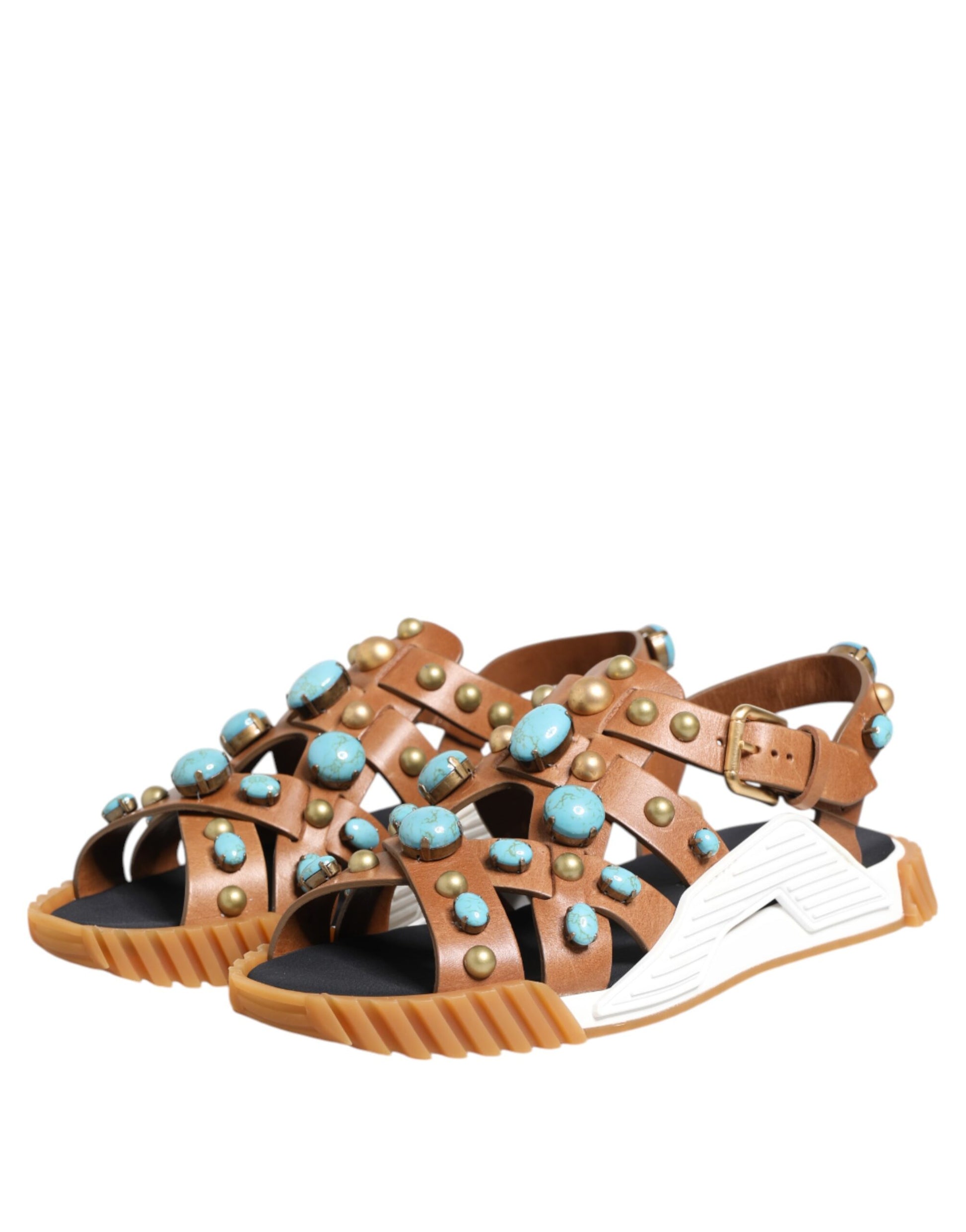Dolce & Gabbana Brown Leather Studded Slides Sandals Shoes - ACCEXO