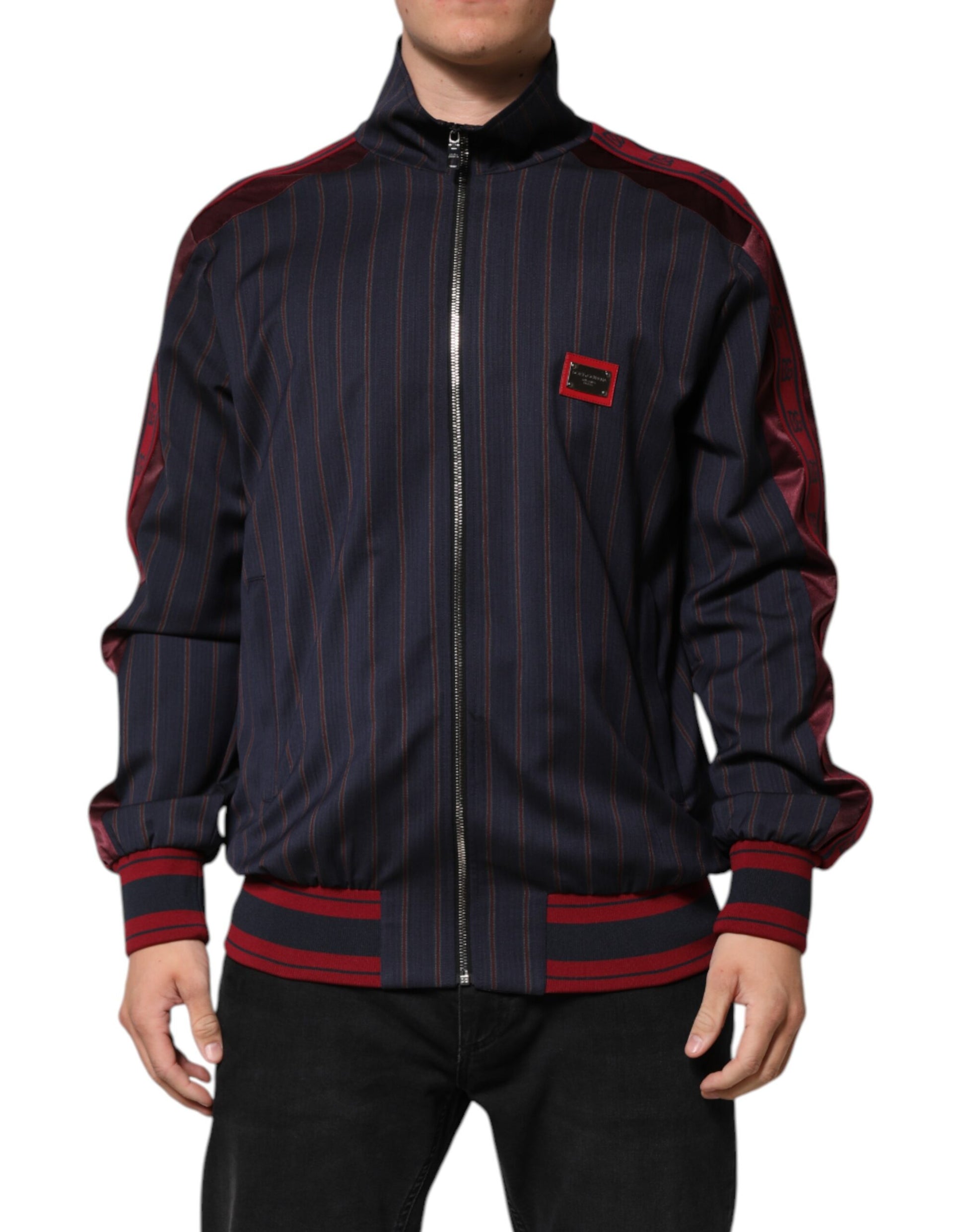 Dolce & Gabbana Blue Red Striped Logo Plaque Full Zip Jacket - ACCEXO