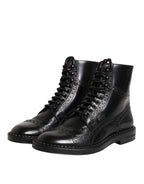 Dolce & Gabbana Black Leather Lace Up Mid Calf Boots Shoes - ACCEXO
