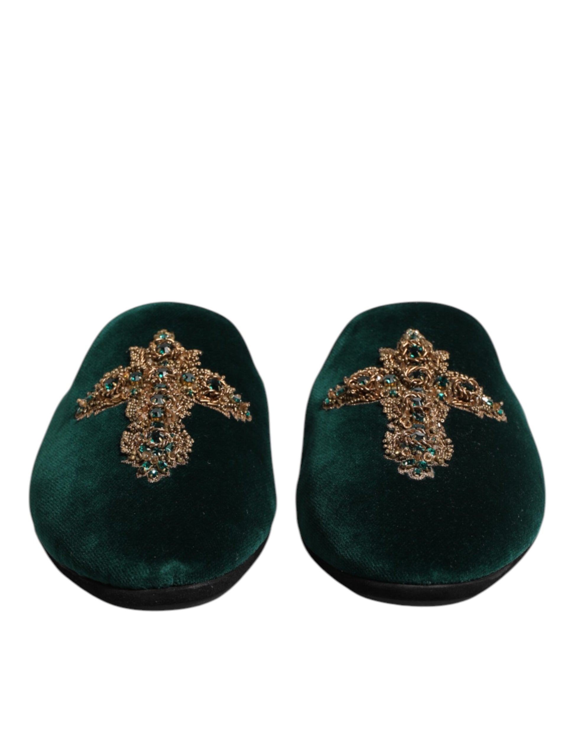 Dolce & Gabbana Green Velvet Cross Embellished Slippers Shoes - ACCEXO