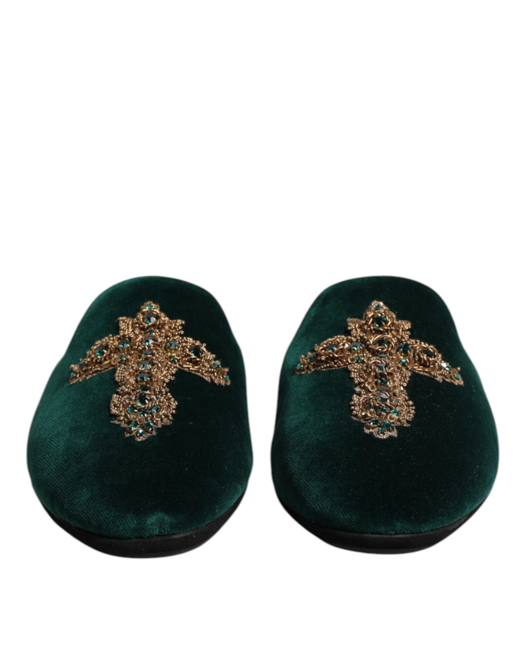 Dolce & Gabbana Green Velvet Cross Embellished Slippers Shoes - ACCEXO