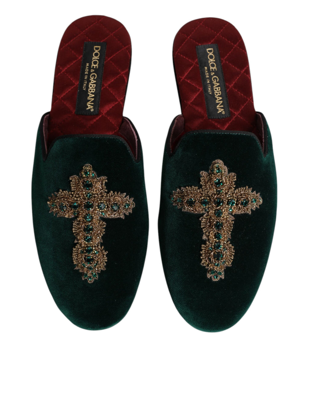 Dolce & Gabbana Green Velvet Cross Embellished Slippers Shoes - ACCEXO