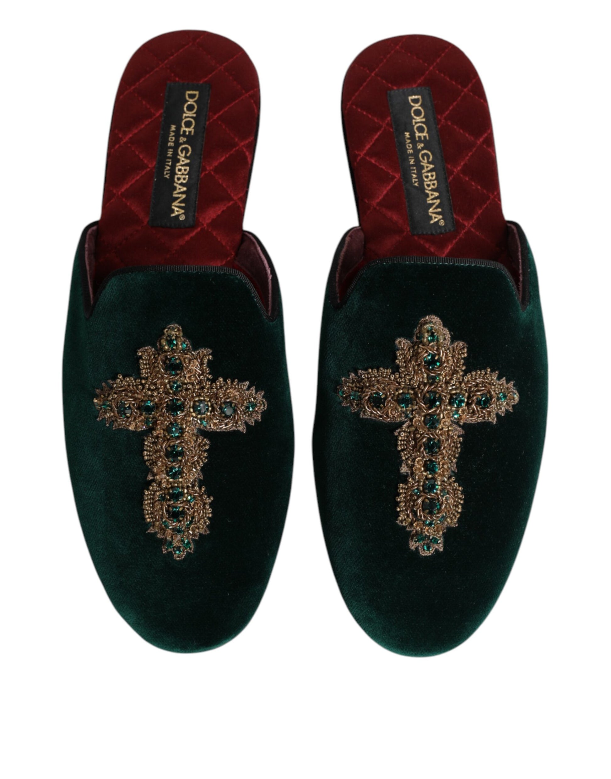 Dolce & Gabbana Green Velvet Cross Embellished Slippers Shoes - ACCEXO