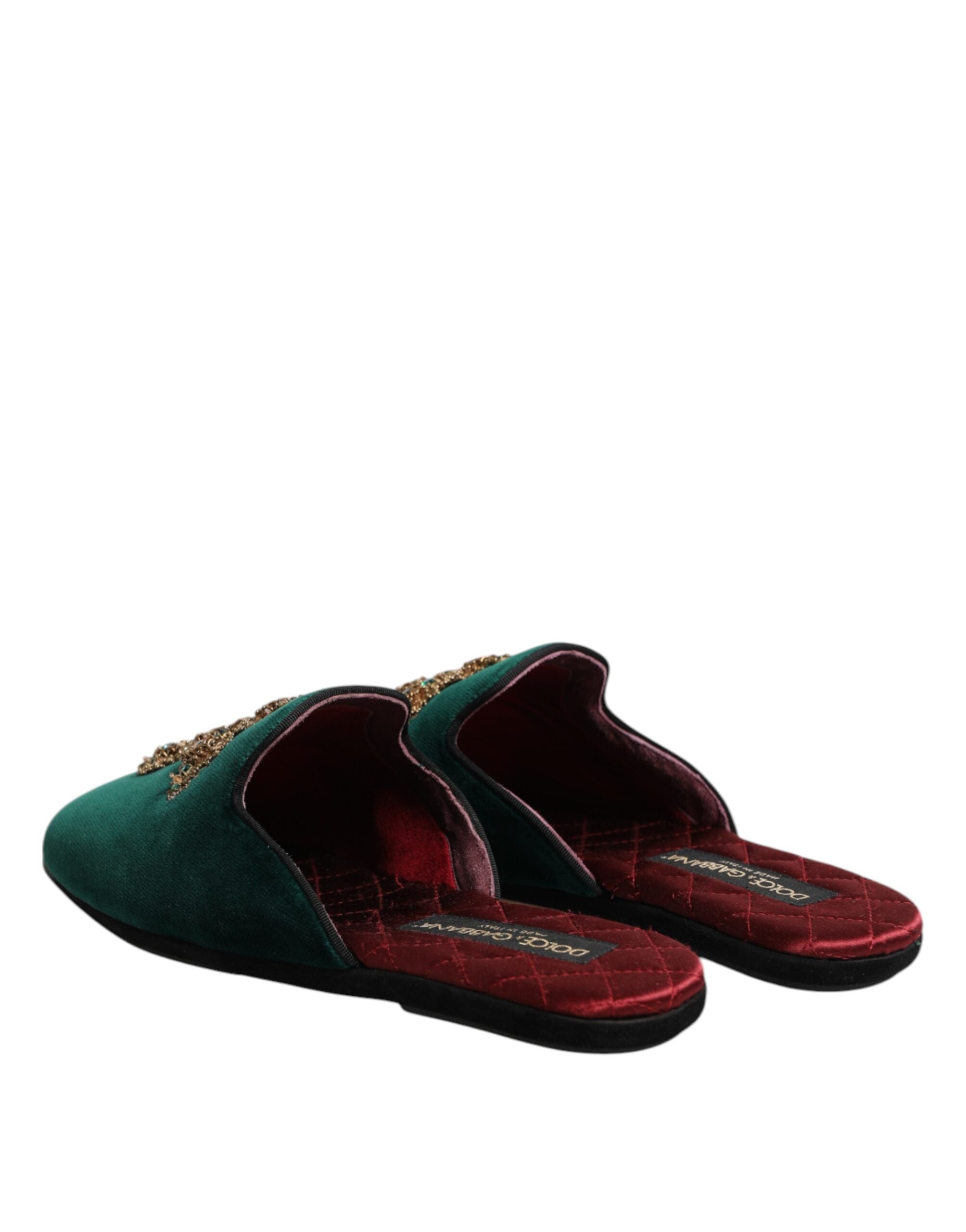 Dolce & Gabbana Green Velvet Cross Embellished Slippers Shoes - ACCEXO