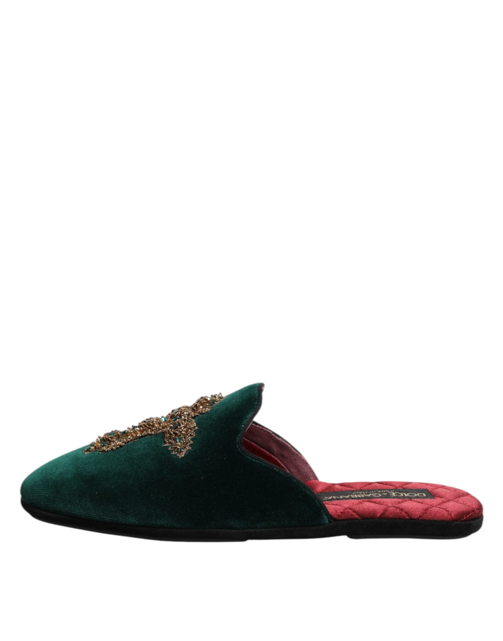 Dolce & Gabbana Green Velvet Cross Embellished Slippers Shoes - ACCEXO