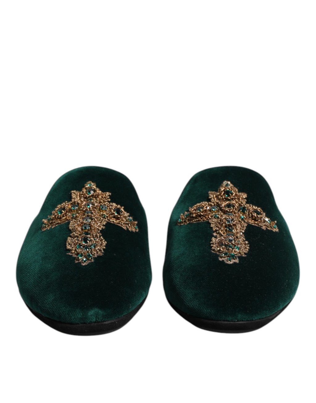 Dolce & Gabbana Green Velvet Cross Embellished Slippers Shoes - ACCEXO