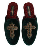 Dolce & Gabbana Green Velvet Cross Embellished Slippers Shoes - ACCEXO