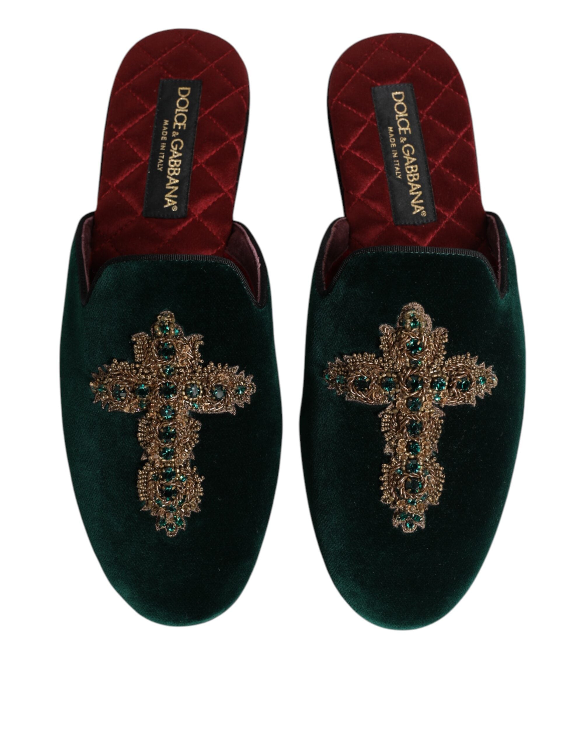 Dolce & Gabbana Green Velvet Cross Embellished Slippers Shoes - ACCEXO