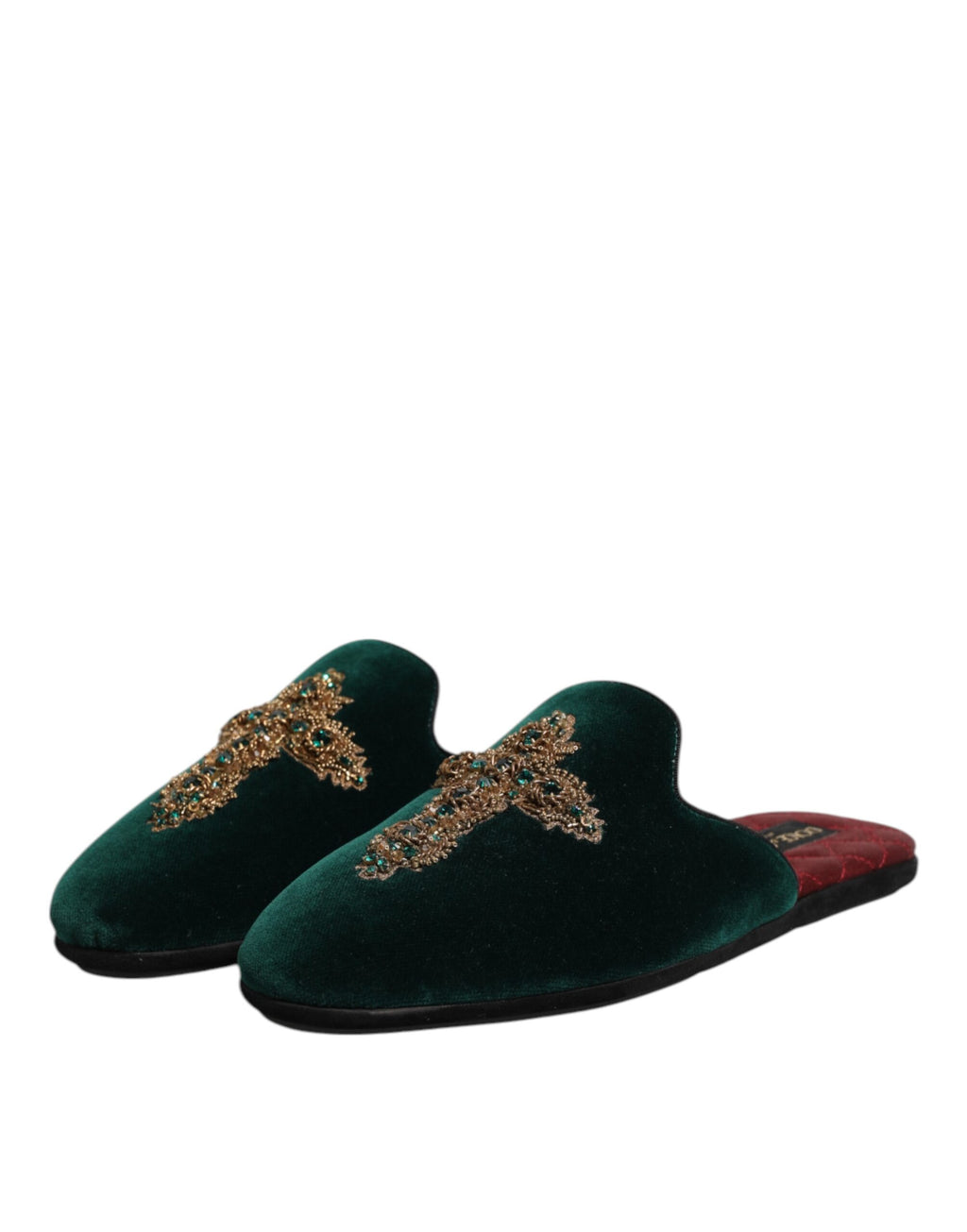 Dolce & Gabbana Green Velvet Cross Embellished Slippers Shoes - ACCEXO