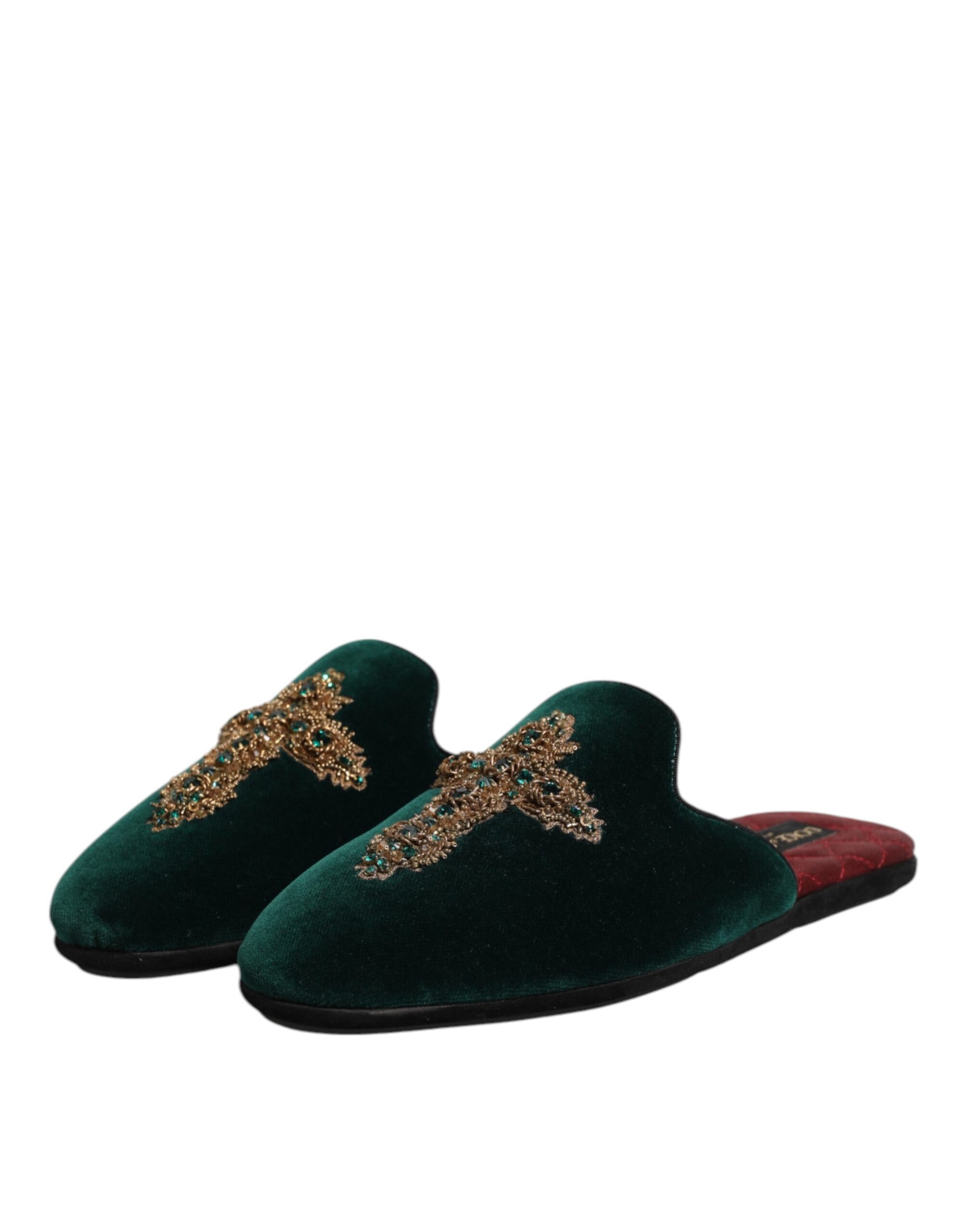 Dolce & Gabbana Green Velvet Cross Embellished Slippers Shoes - ACCEXO