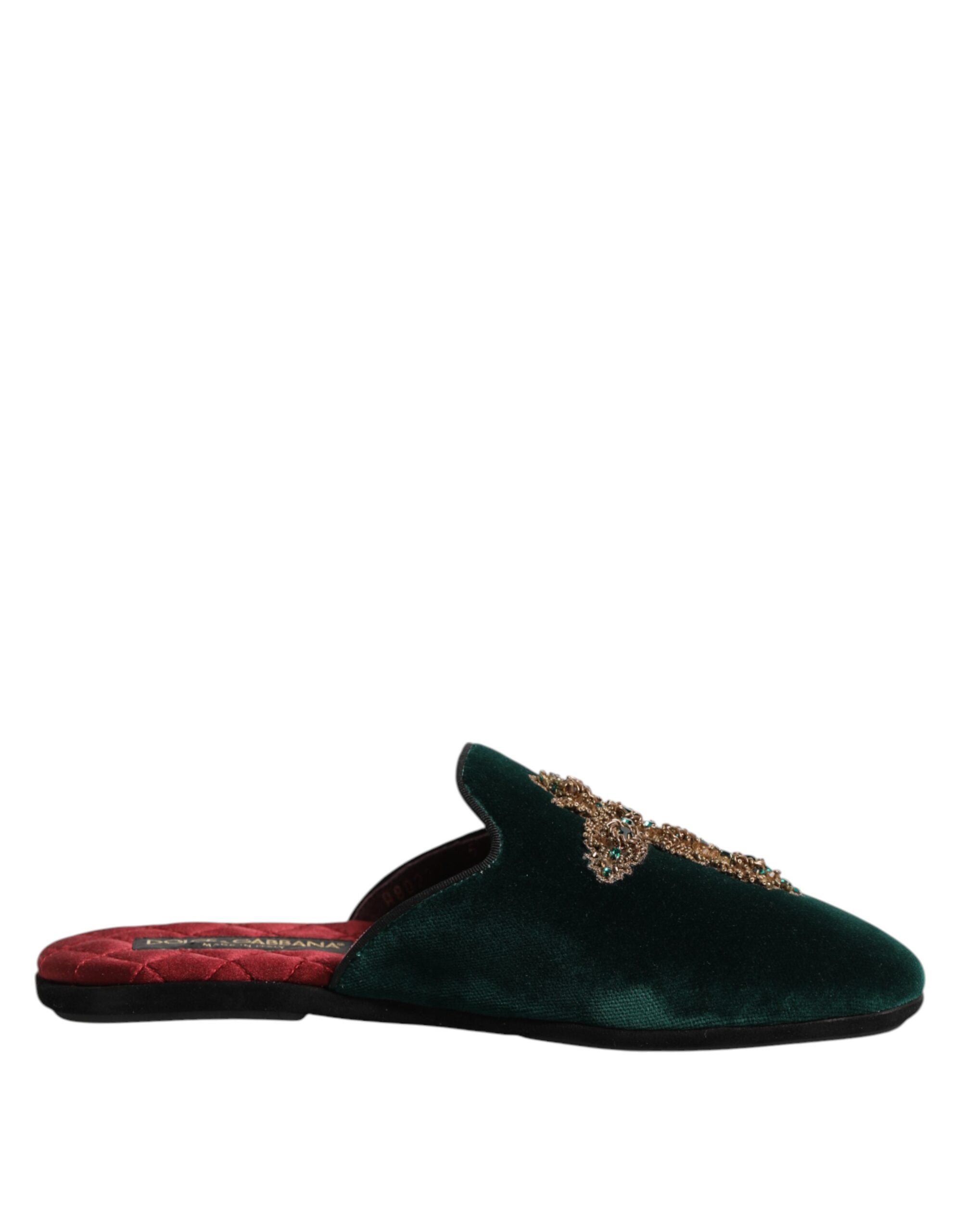 Dolce & Gabbana Green Velvet Cross Embellished Slippers Shoes - ACCEXO