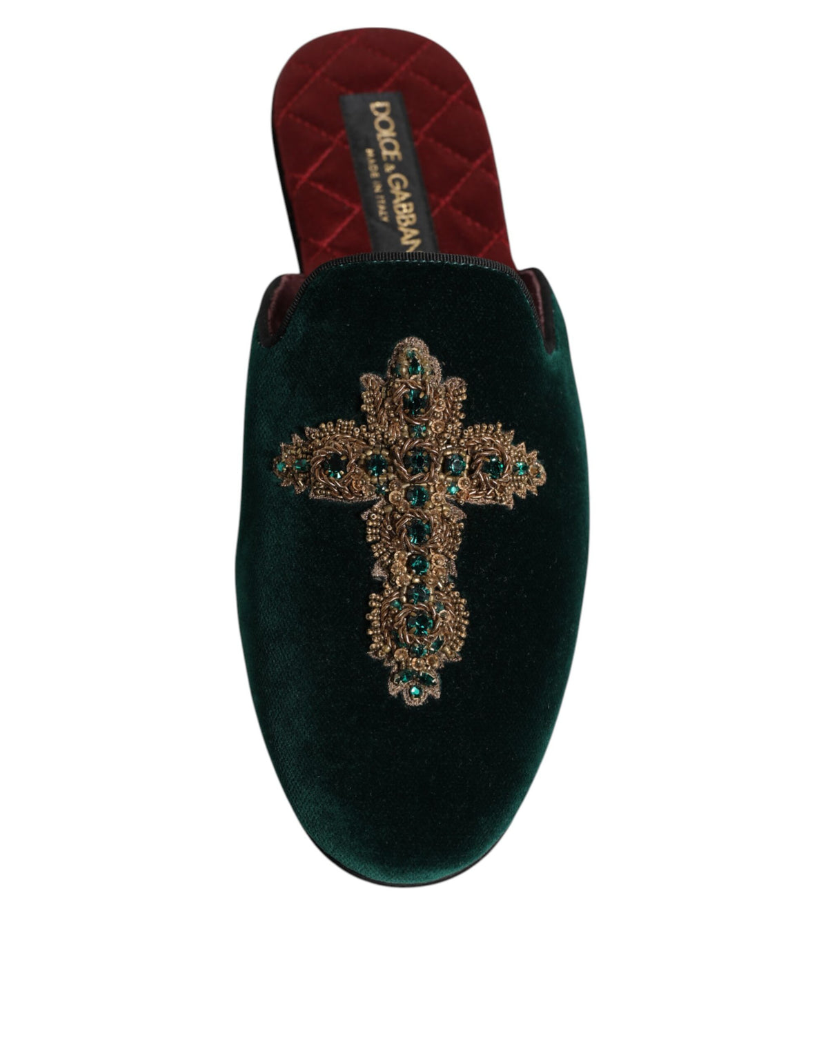 Dolce & Gabbana Green Velvet Cross Embellished Slippers Shoes for Men