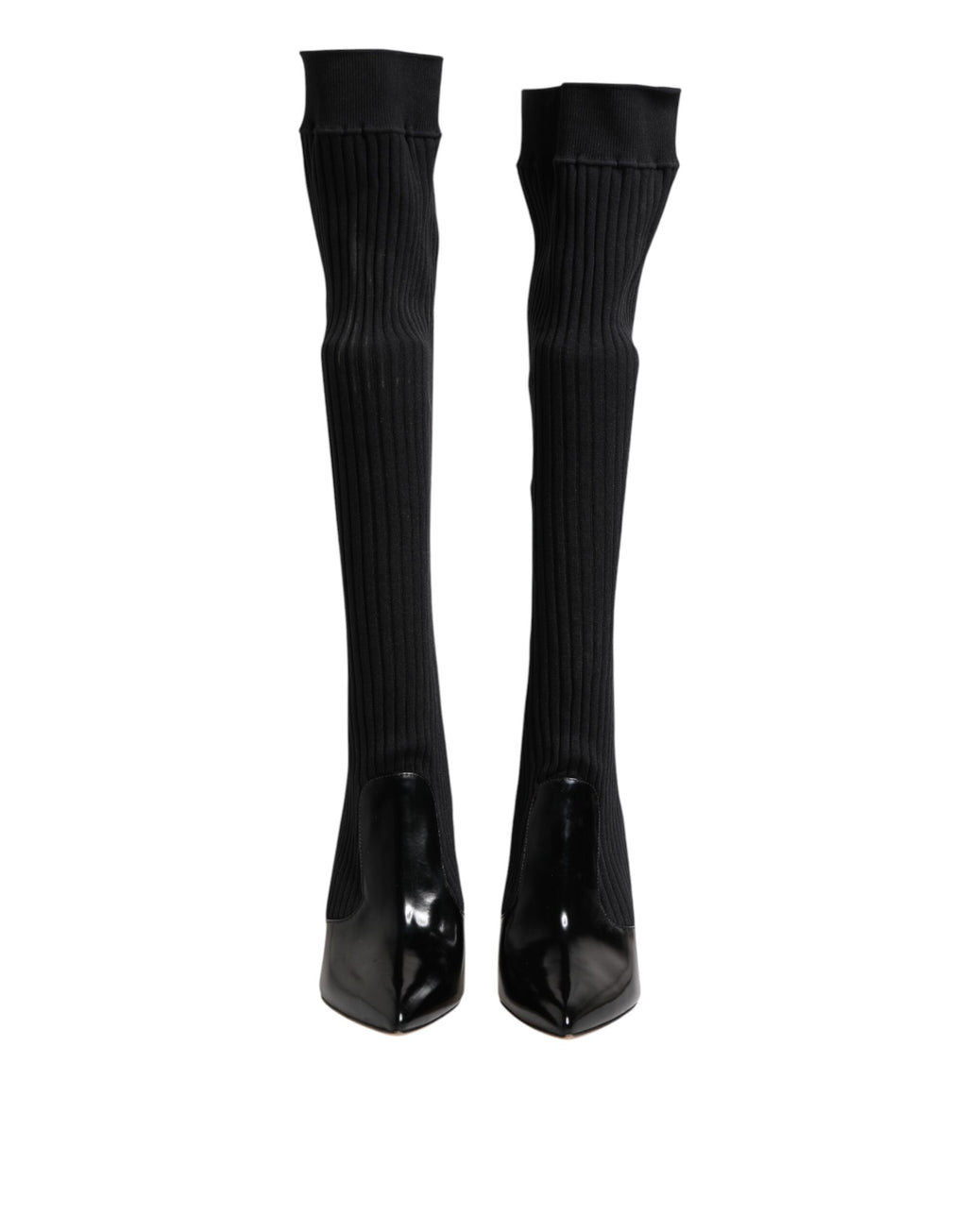 Dolce & Gabbana Black Leather Ribbed Knit Knee Boots Shoes - ACCEXO