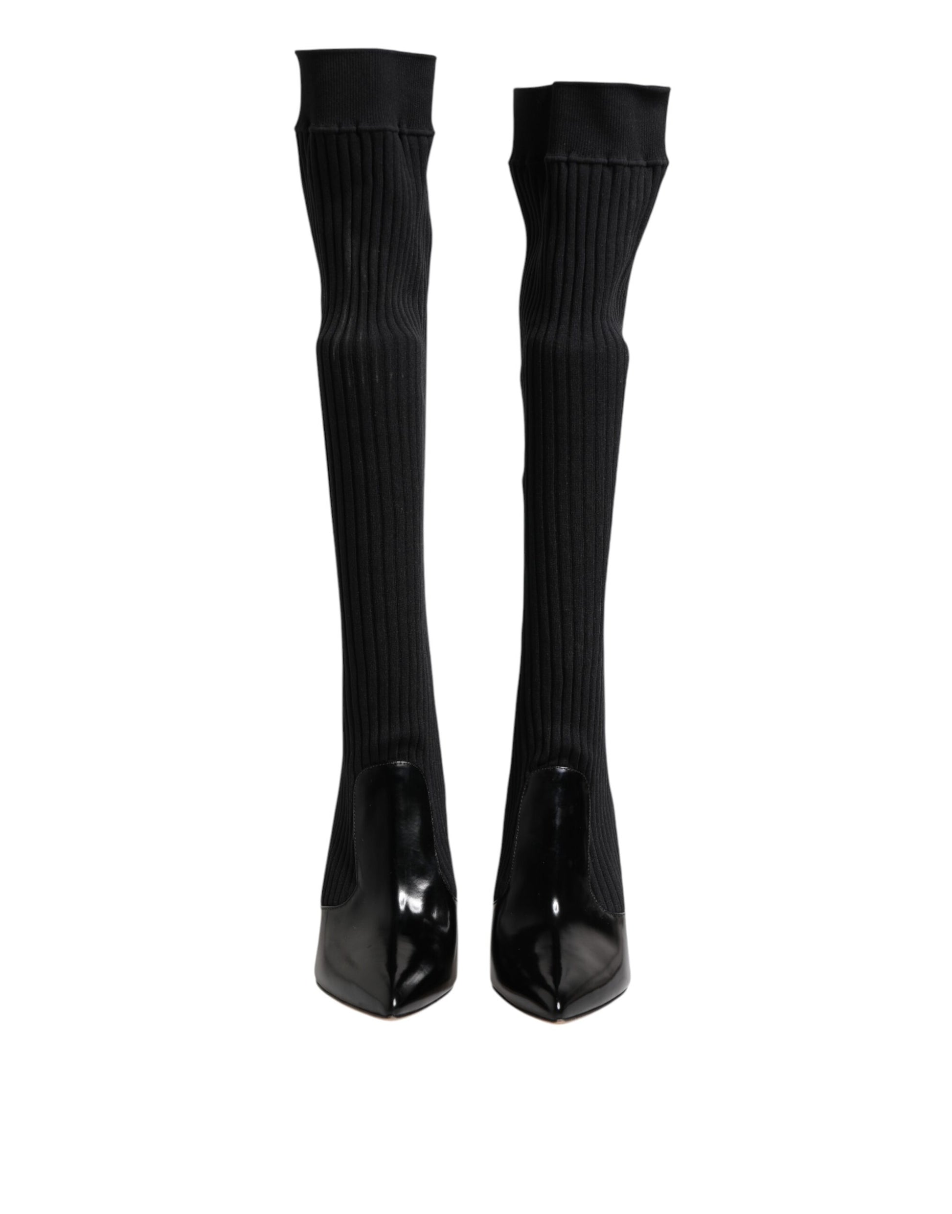 Dolce & Gabbana Black Leather Ribbed Knit Knee Boots Shoes - ACCEXO