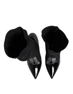 Dolce & Gabbana Black Leather Ribbed Knit Knee Boots Shoes - ACCEXO