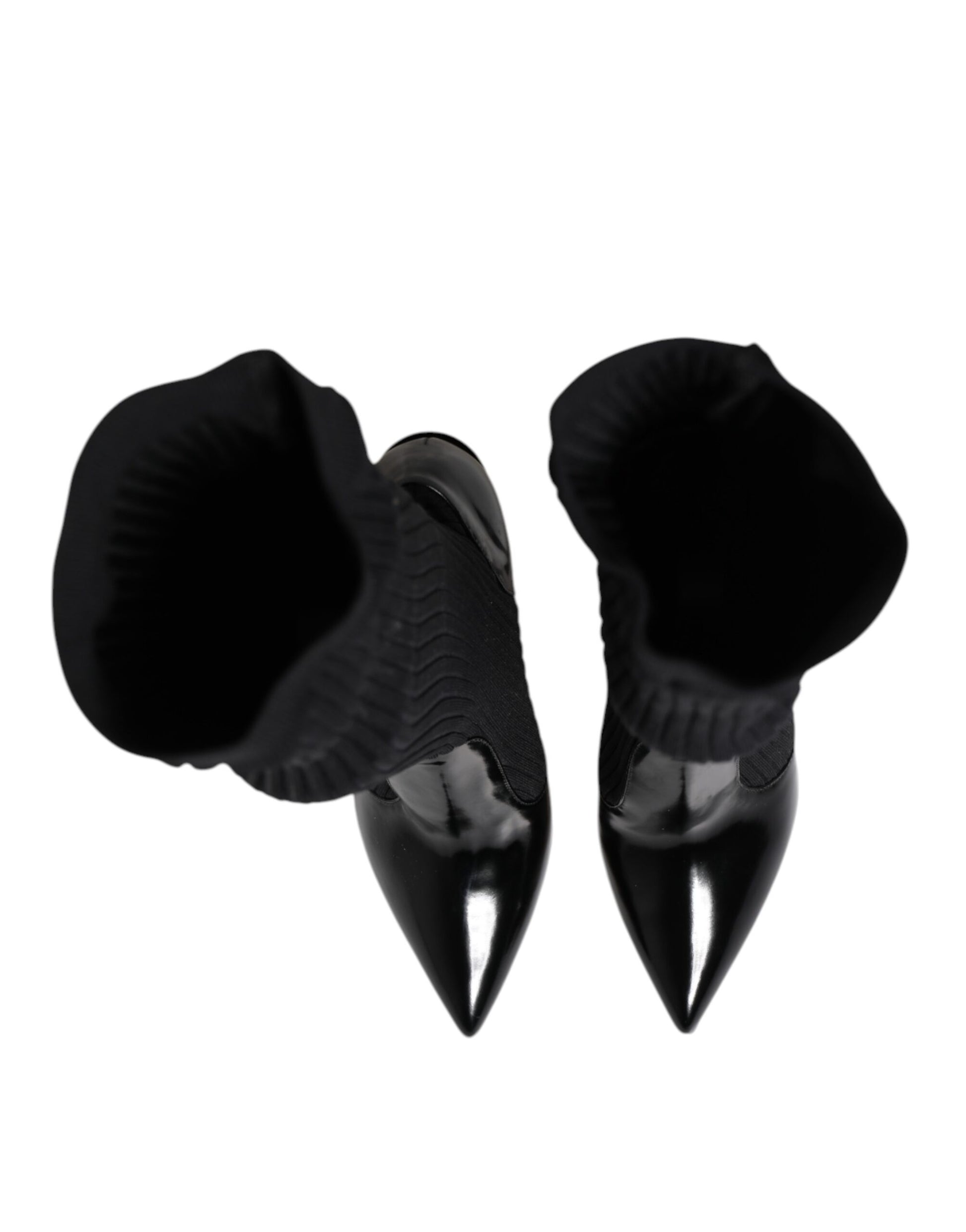 Dolce & Gabbana Black Leather Ribbed Knit Knee Boots Shoes - ACCEXO