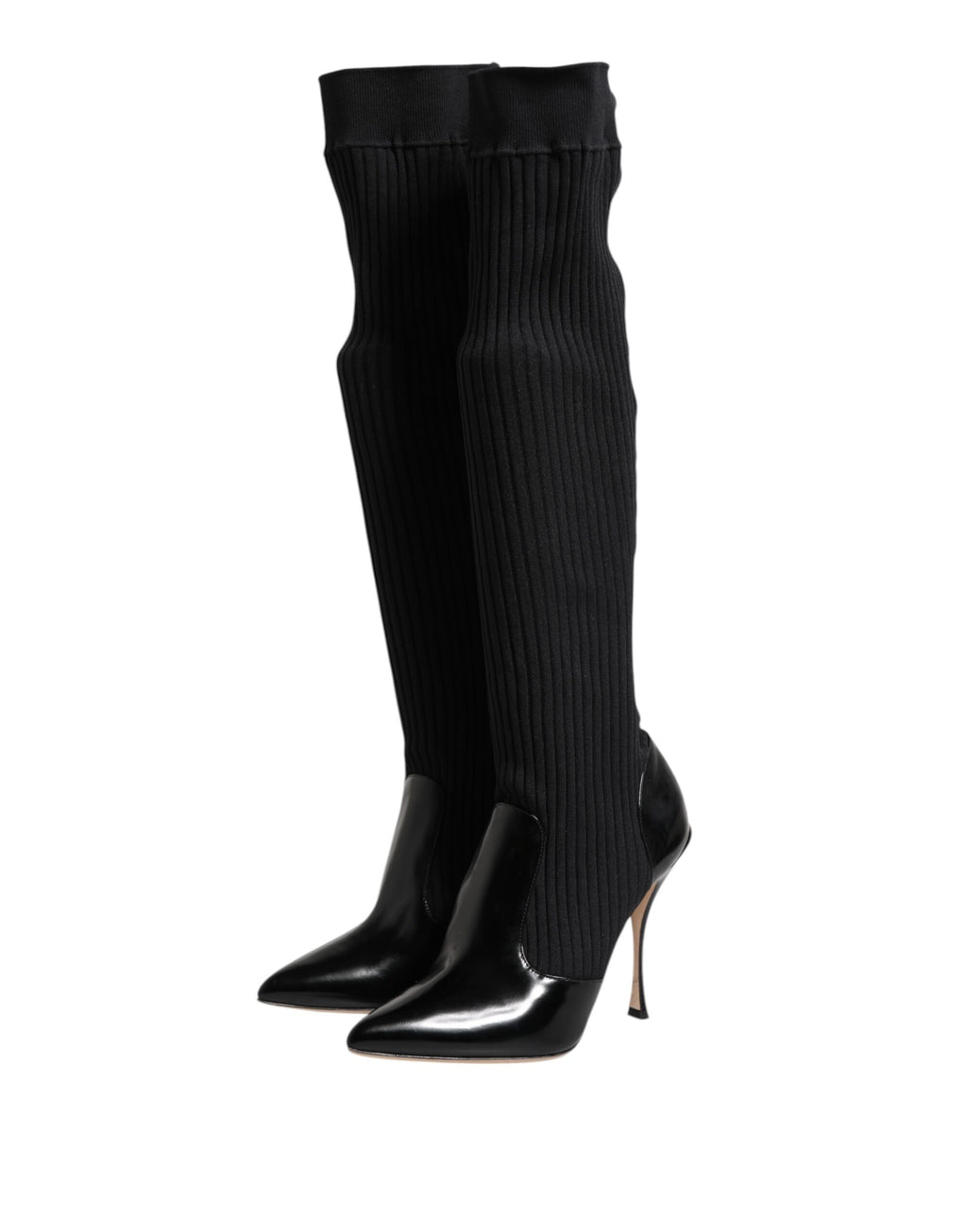Dolce & Gabbana Black Leather Ribbed Knit Knee Boots Shoes - ACCEXO