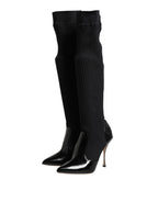 Dolce & Gabbana Black Leather Ribbed Knit Knee Boots Shoes - ACCEXO