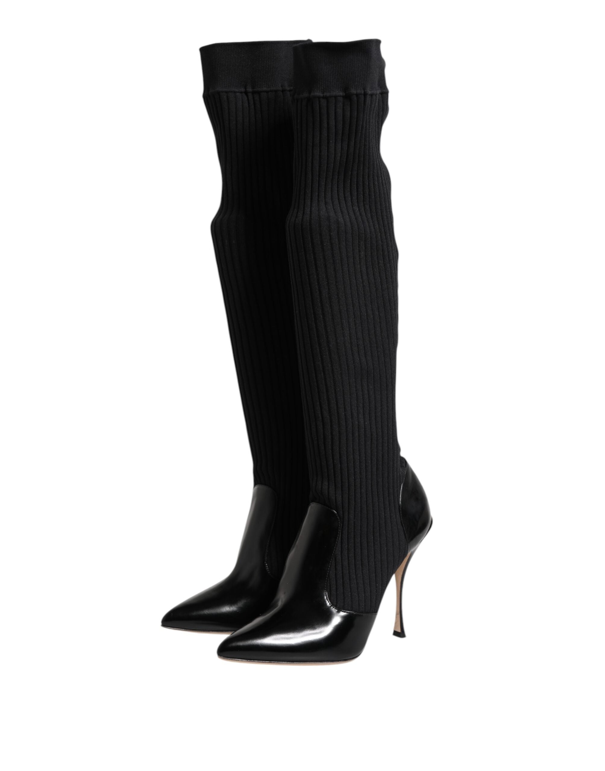Dolce & Gabbana Black Leather Ribbed Knit Knee Boots Shoes - ACCEXO