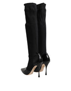 Dolce & Gabbana Black Leather Ribbed Knit Knee Boots Shoes - ACCEXO