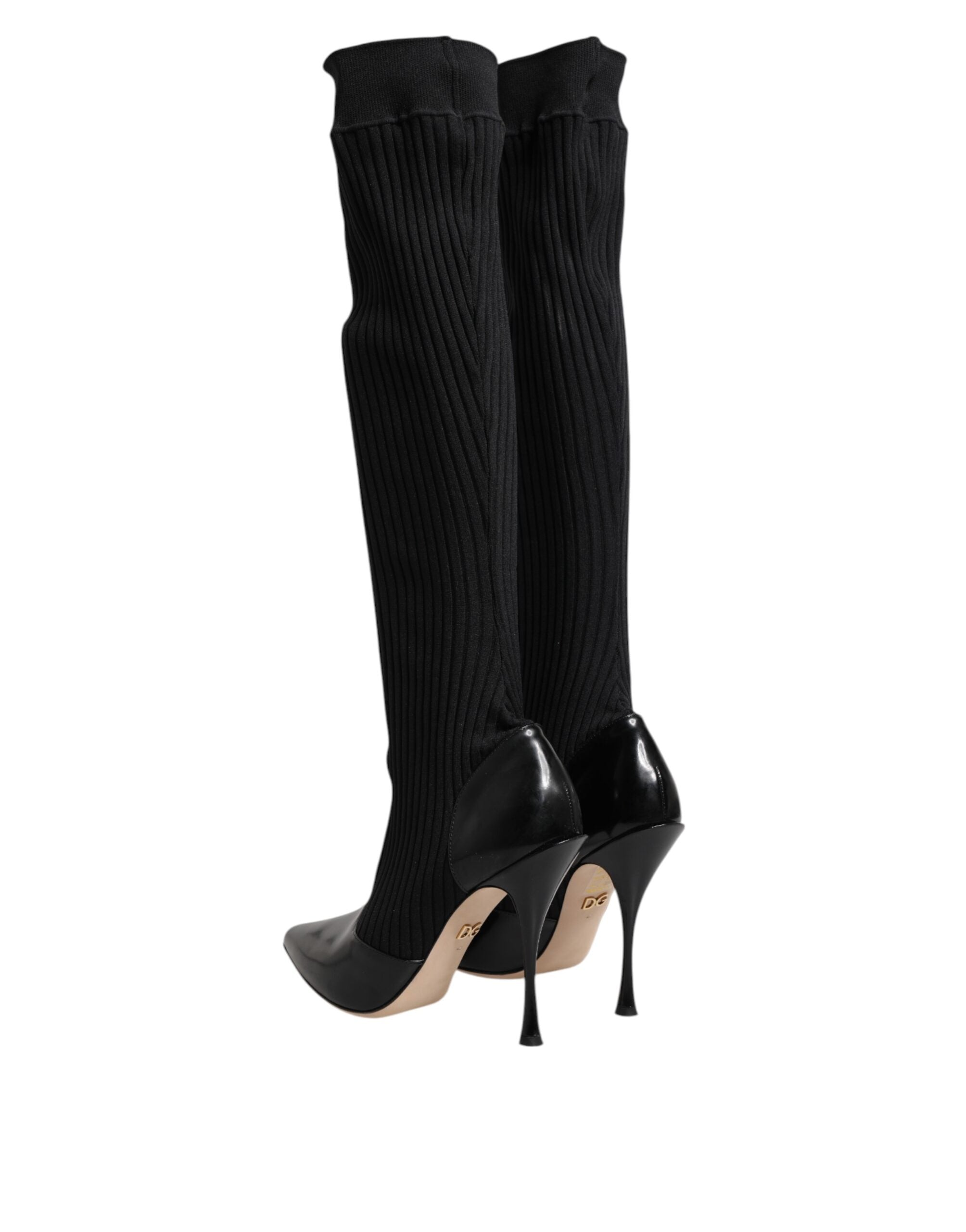 Dolce & Gabbana Black Leather Ribbed Knit Knee Boots Shoes - ACCEXO