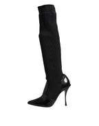 Dolce & Gabbana Black Leather Ribbed Knit Knee Boots Shoes - ACCEXO