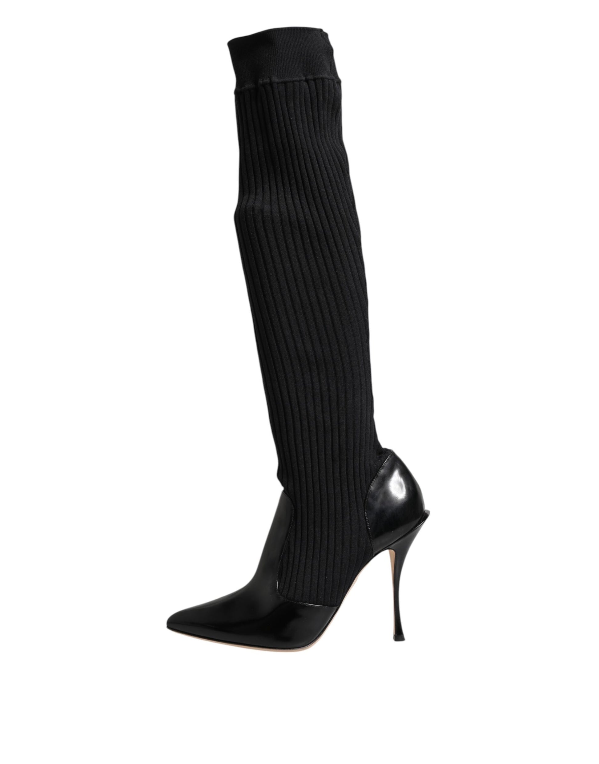 Dolce & Gabbana Black Leather Ribbed Knit Knee Boots Shoes - ACCEXO