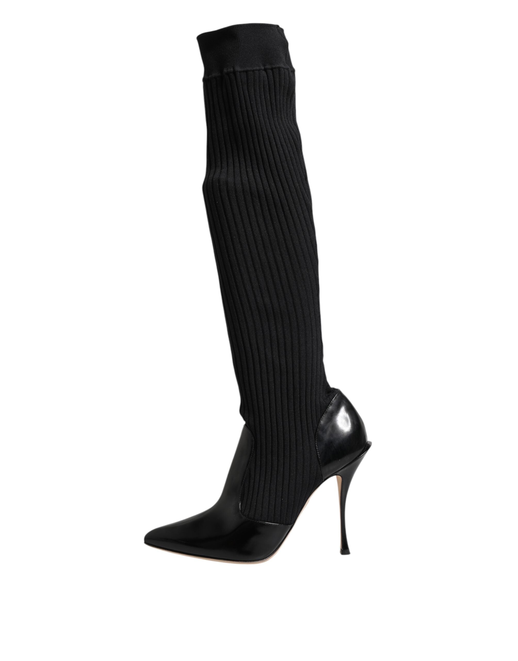 Dolce & Gabbana Black Leather Ribbed Knit Knee Boots Shoes - ACCEXO
