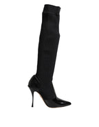 Dolce & Gabbana Black Leather Ribbed Knit Knee Boots Shoes - ACCEXO