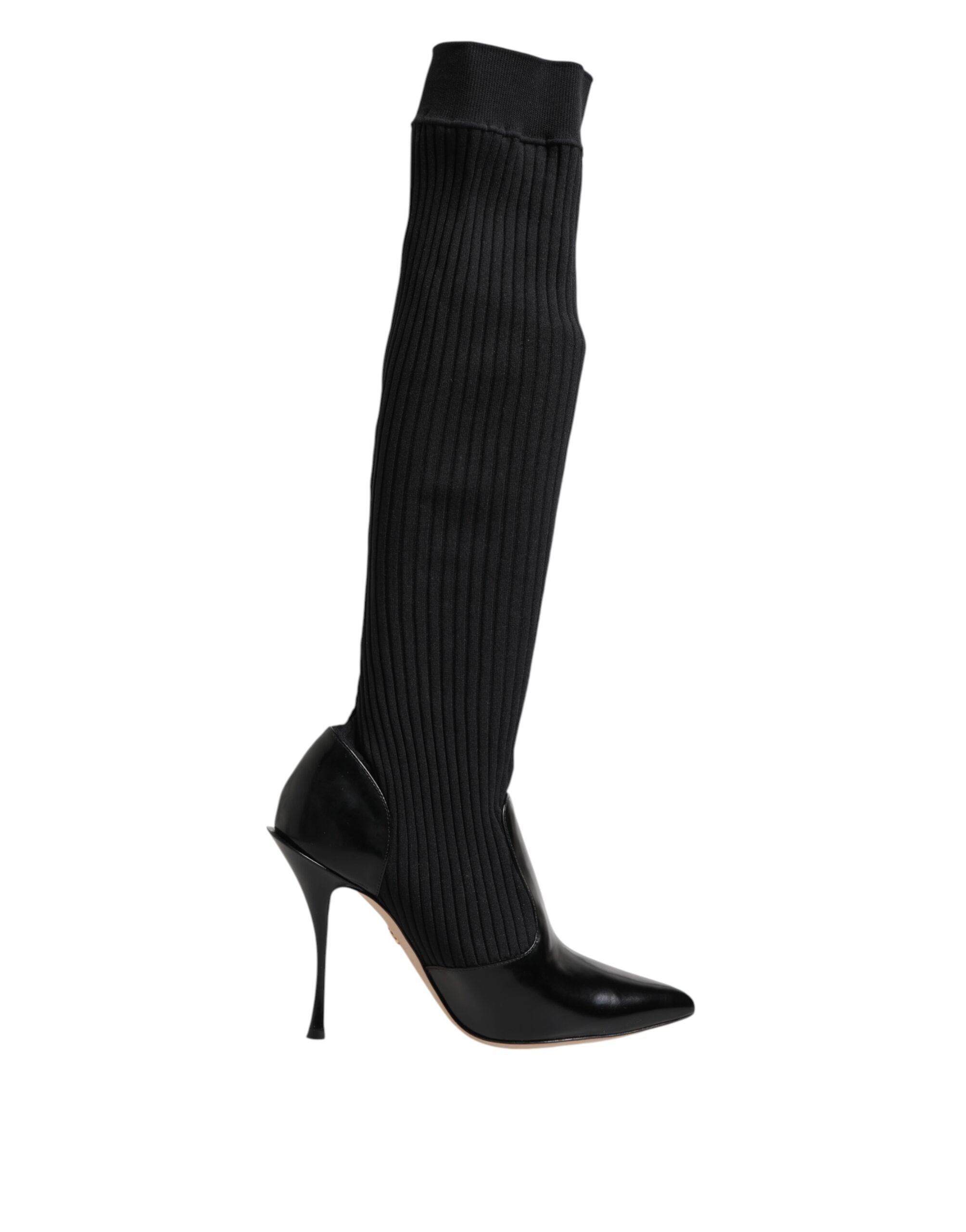 Dolce & Gabbana Black Leather Ribbed Knit Knee Boots Shoes - ACCEXO Main image