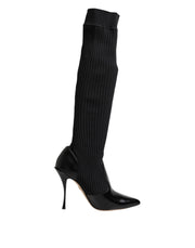 Dolce & Gabbana Black Leather Ribbed Knit Knee Boots Shoes - ACCEXO