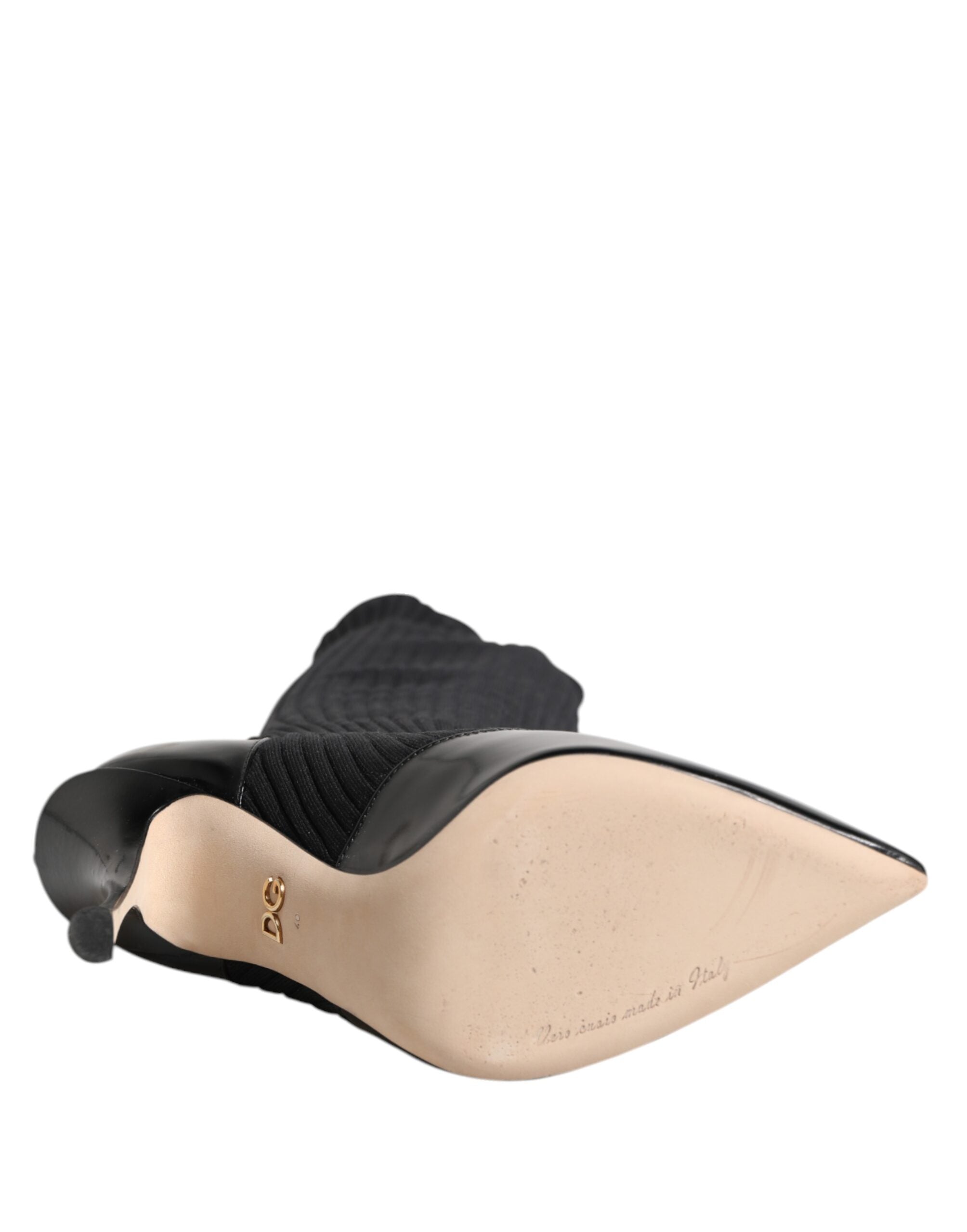 Dolce & Gabbana Black Leather Ribbed Knit Knee Boots Shoes - ACCEXO