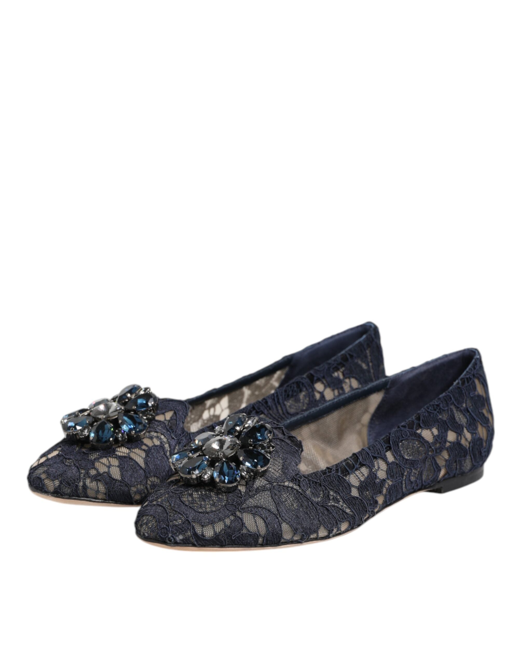 Dolce & Gabbana Blue Taormina Lace Crystals Flats Shoes - ACCEXO