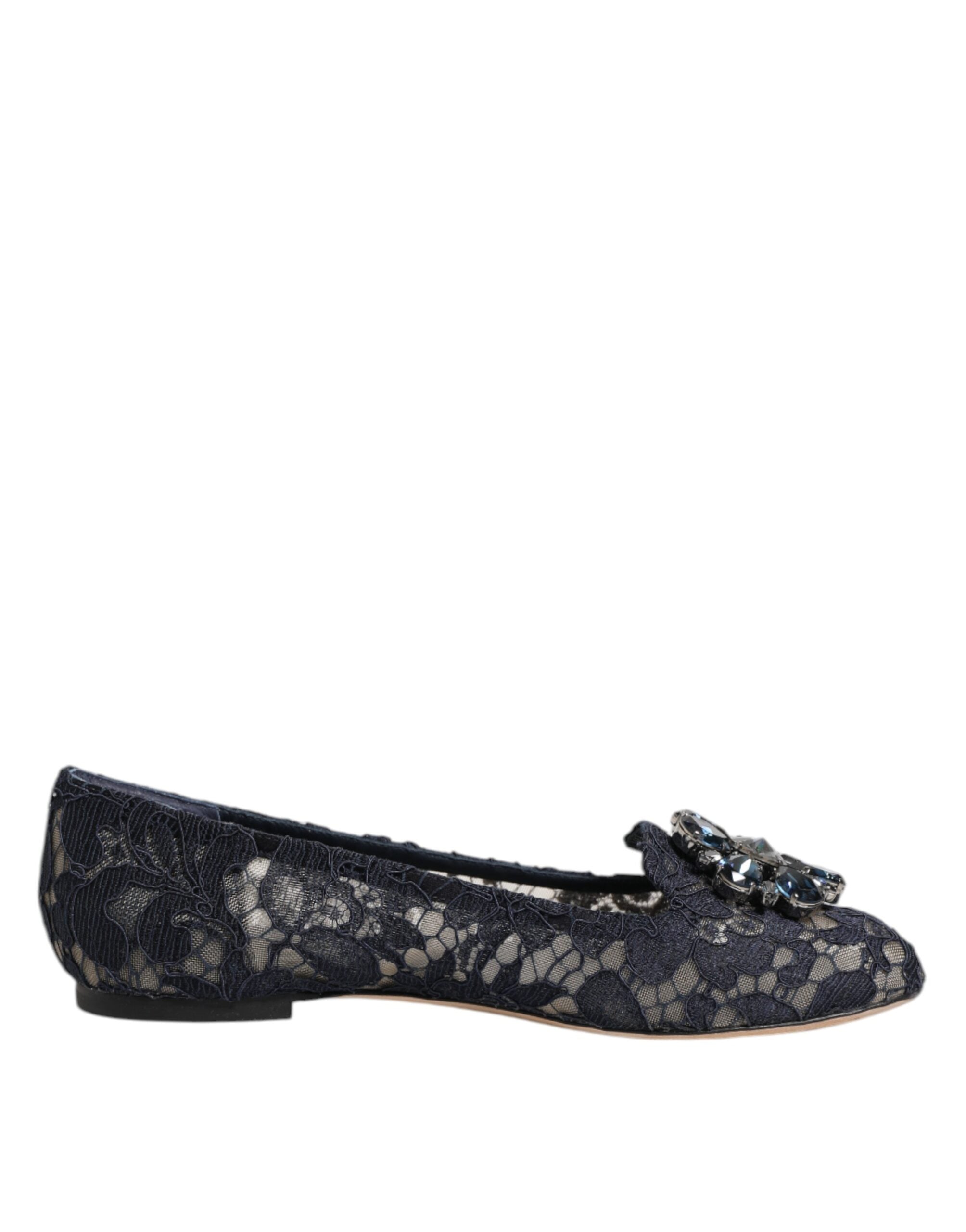 Dolce & Gabbana Blue Taormina Lace Crystals Flats Shoes - ACCEXO