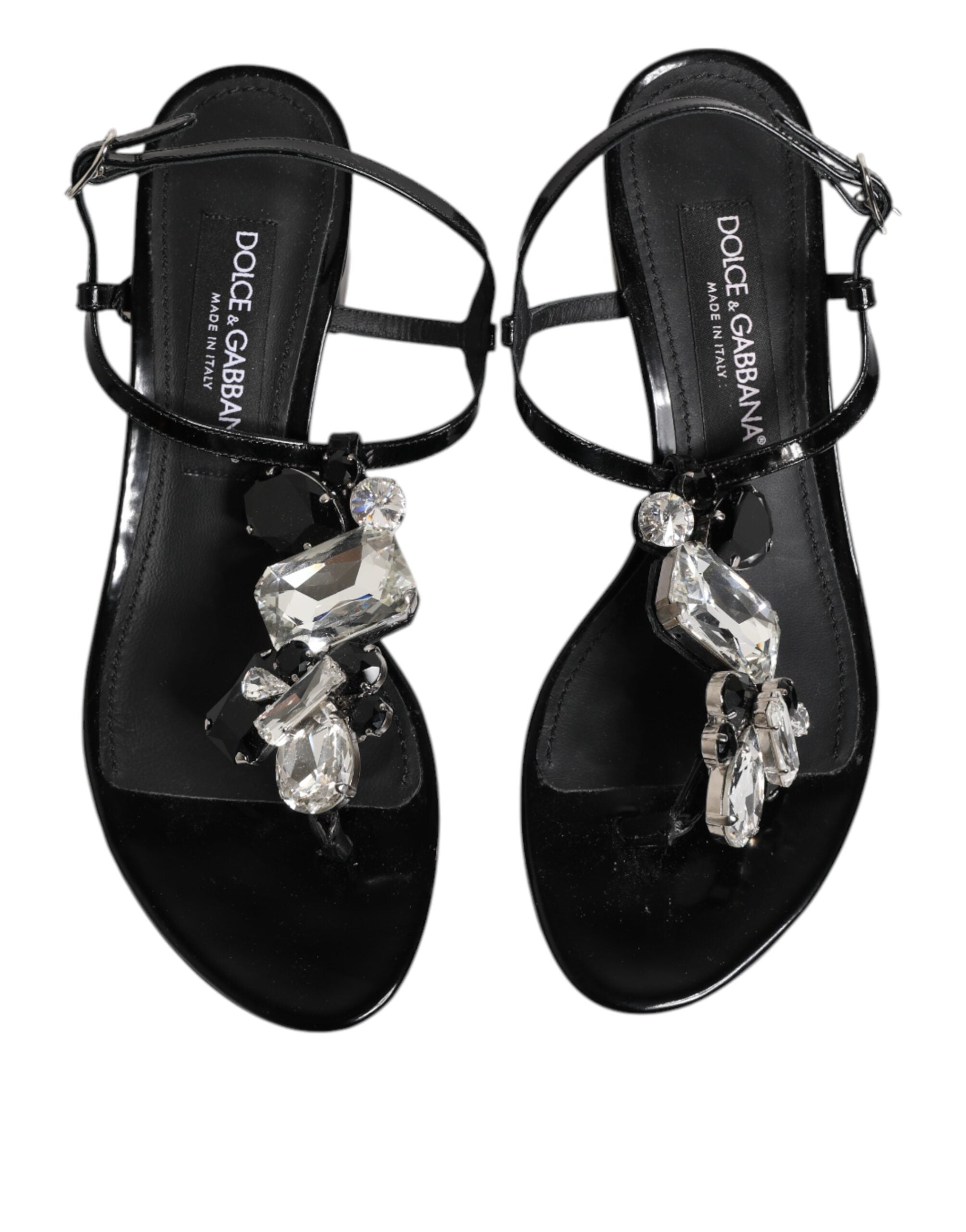 Dolce & Gabbana Black Leather Crystal Ankle Strap Sandals Shoes - ACCEXO