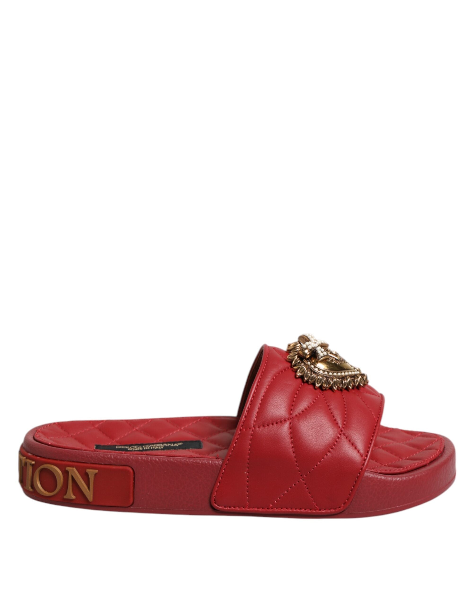 Dolce & Gabbana Red Devotion Matelassé Leather Slides Shoes for Women