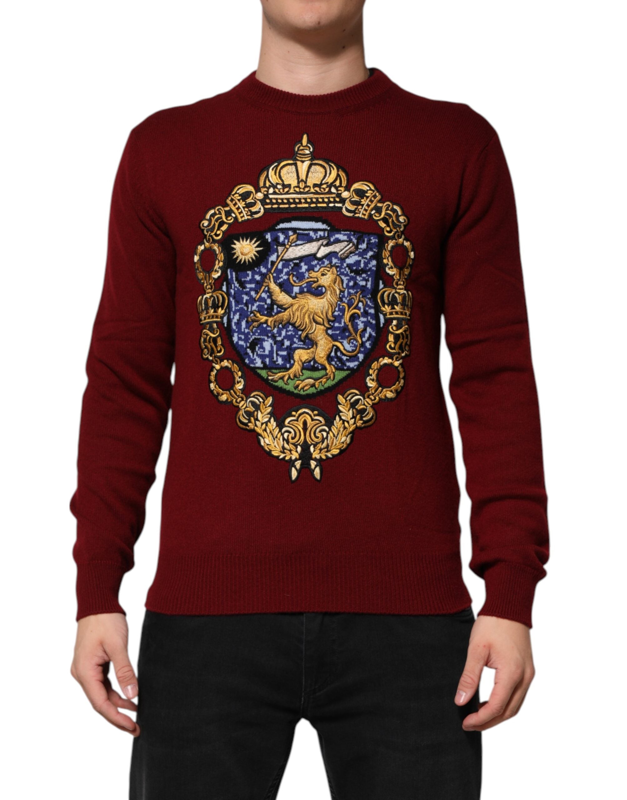 Dolce & Gabbana Burgundy Cashmere Lion Crest Pullover Sweater - ACCEXO