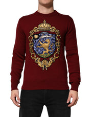 Dolce & Gabbana Burgundy Cashmere Lion Crest Pullover Sweater - ACCEXO