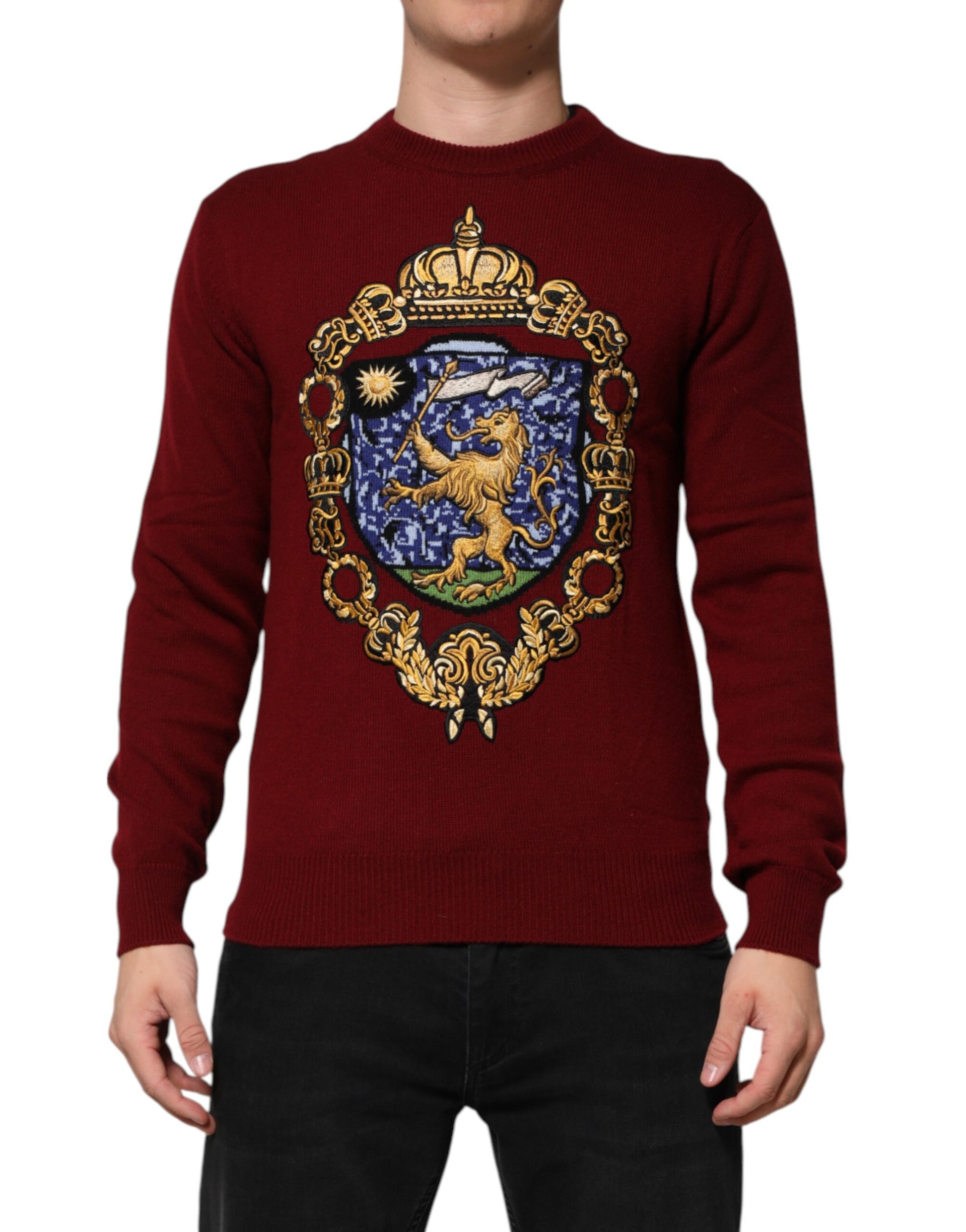 Dolce & Gabbana Burgundy Cashmere Lion Crest Pullover Sweater - ACCEXO