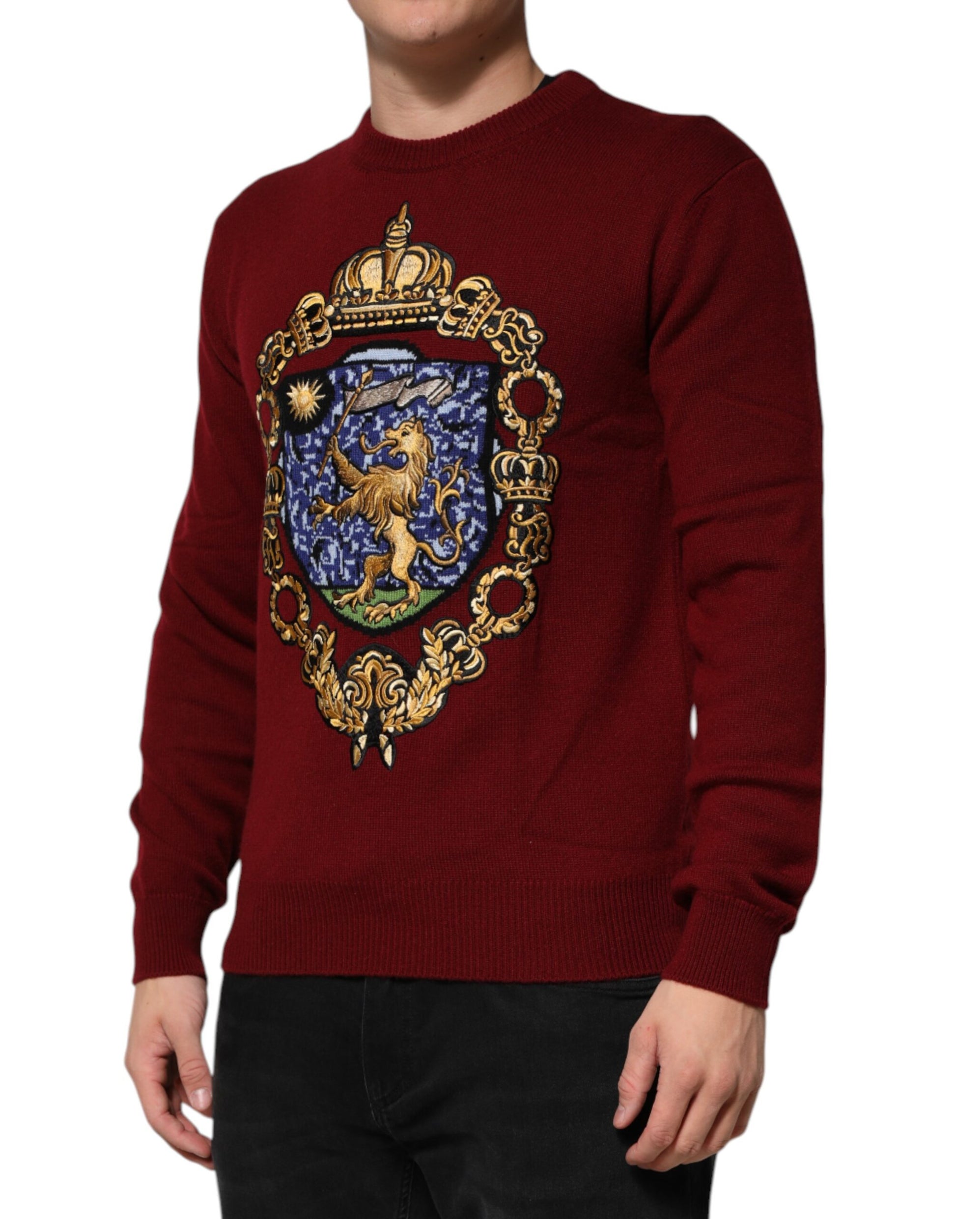 Dolce & Gabbana Burgundy Cashmere Lion Crest Pullover Sweater - ACCEXO