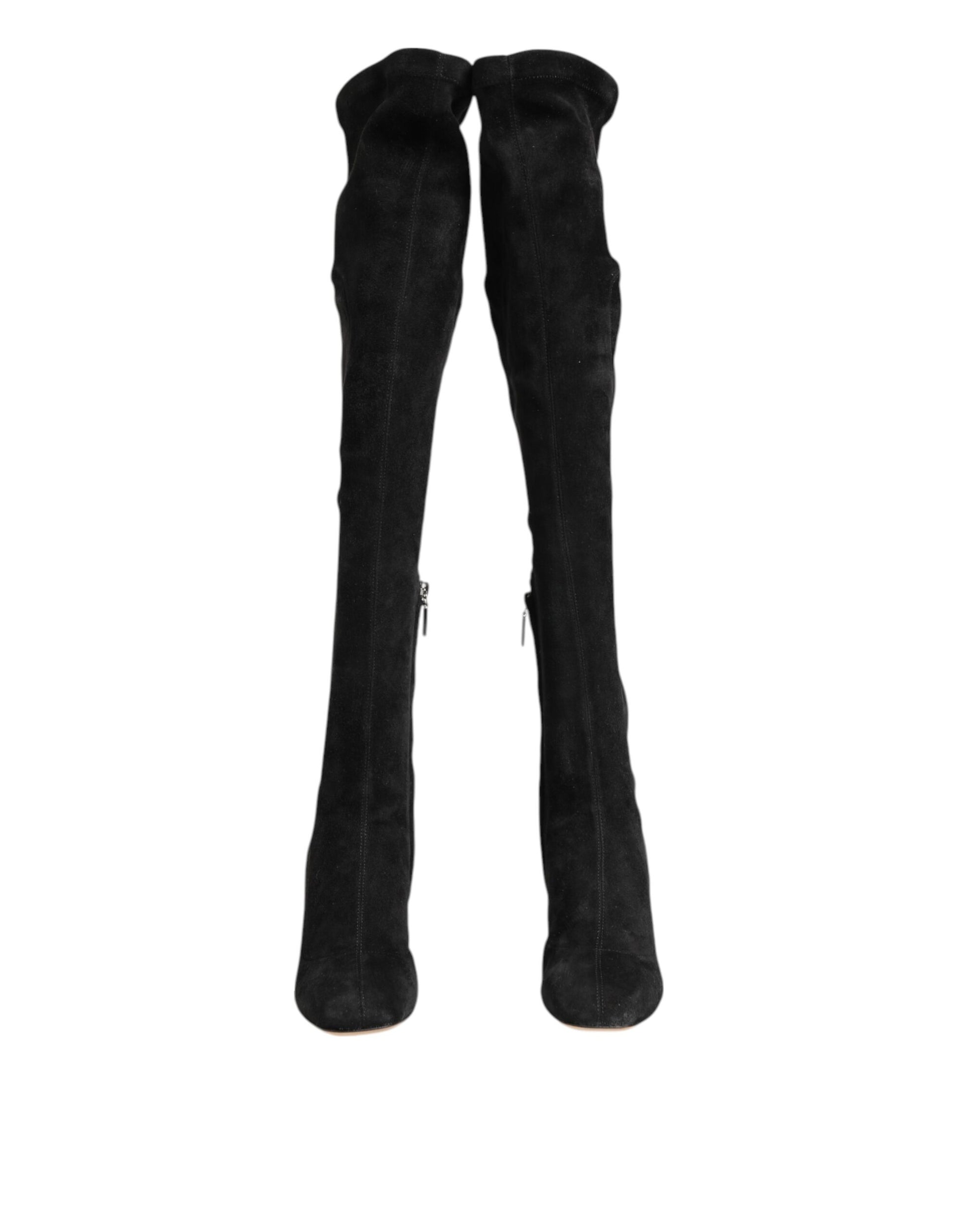 Dolce & Gabbana Black Suede Leather Knee High Boots Shoes - ACCEXO