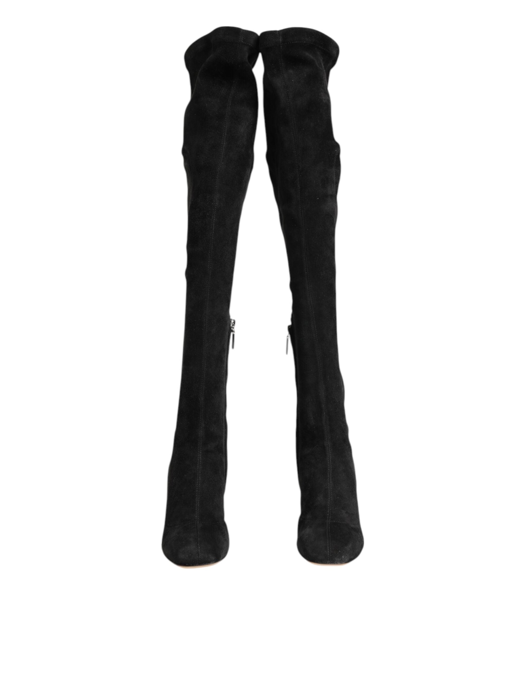 Dolce & Gabbana Black Suede Leather Knee High Boots Shoes - ACCEXO