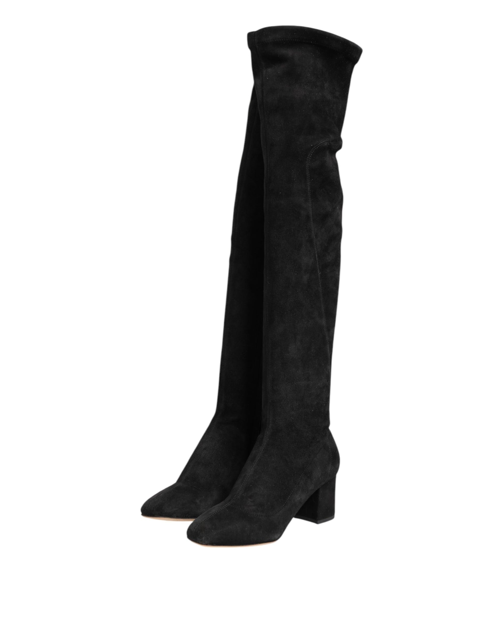 Dolce & Gabbana Black Suede Leather Knee High Boots Shoes - ACCEXO