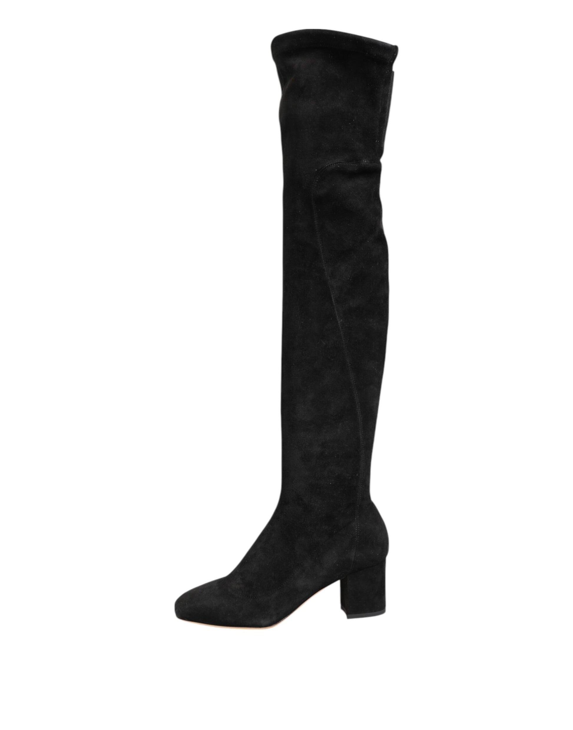 Dolce & Gabbana Black Suede Leather Knee High Boots Shoes - ACCEXO