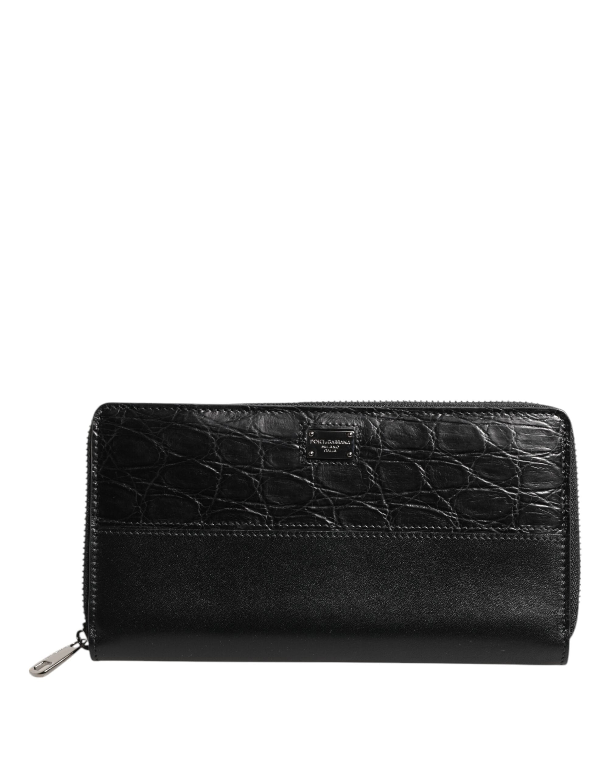Dolce & Gabbana Black Leather Logo Plaque Zip Around Continental Wallet - ACCEXO