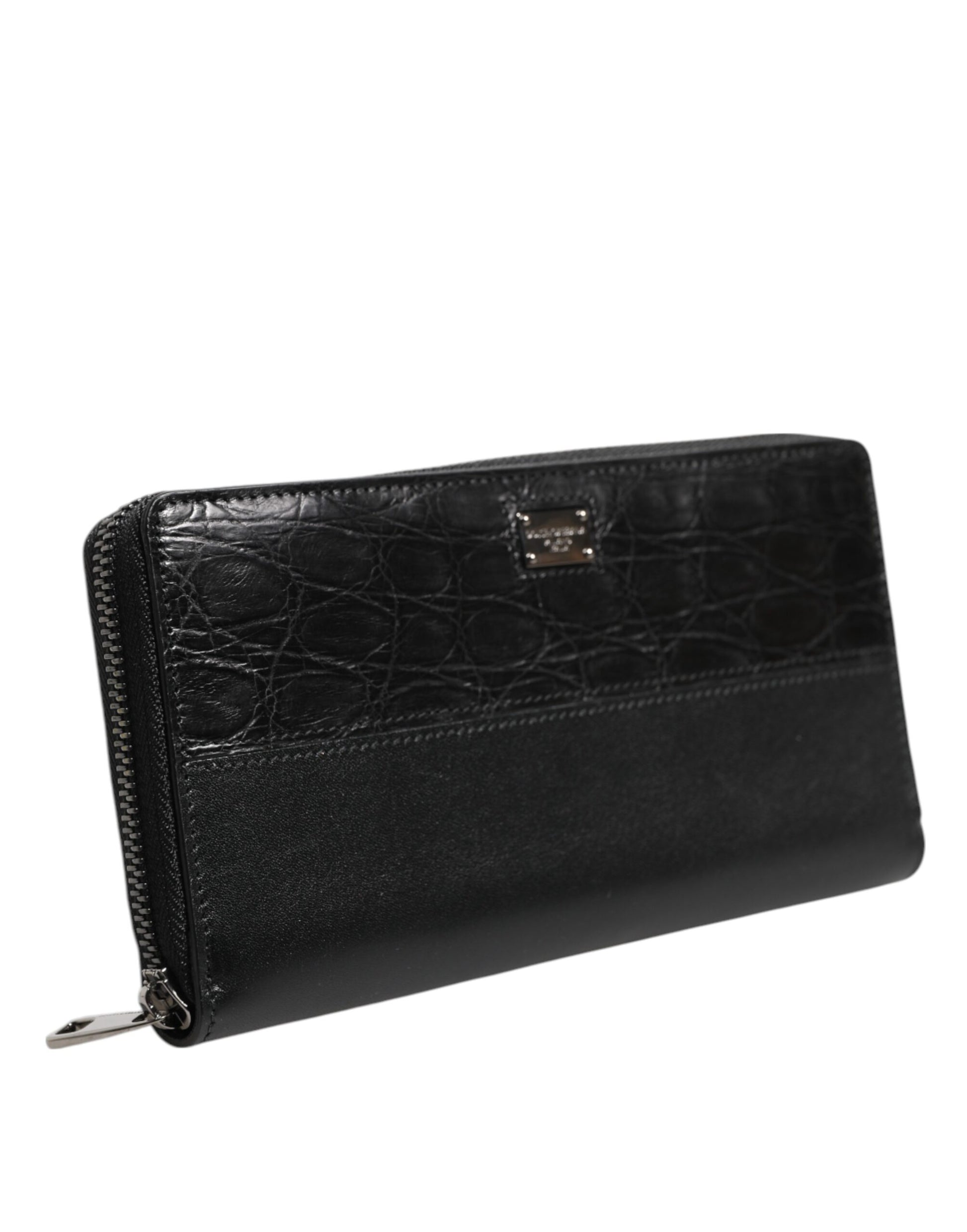 Dolce & Gabbana Black Leather Logo Plaque Zip Around Continental Wallet - ACCEXO