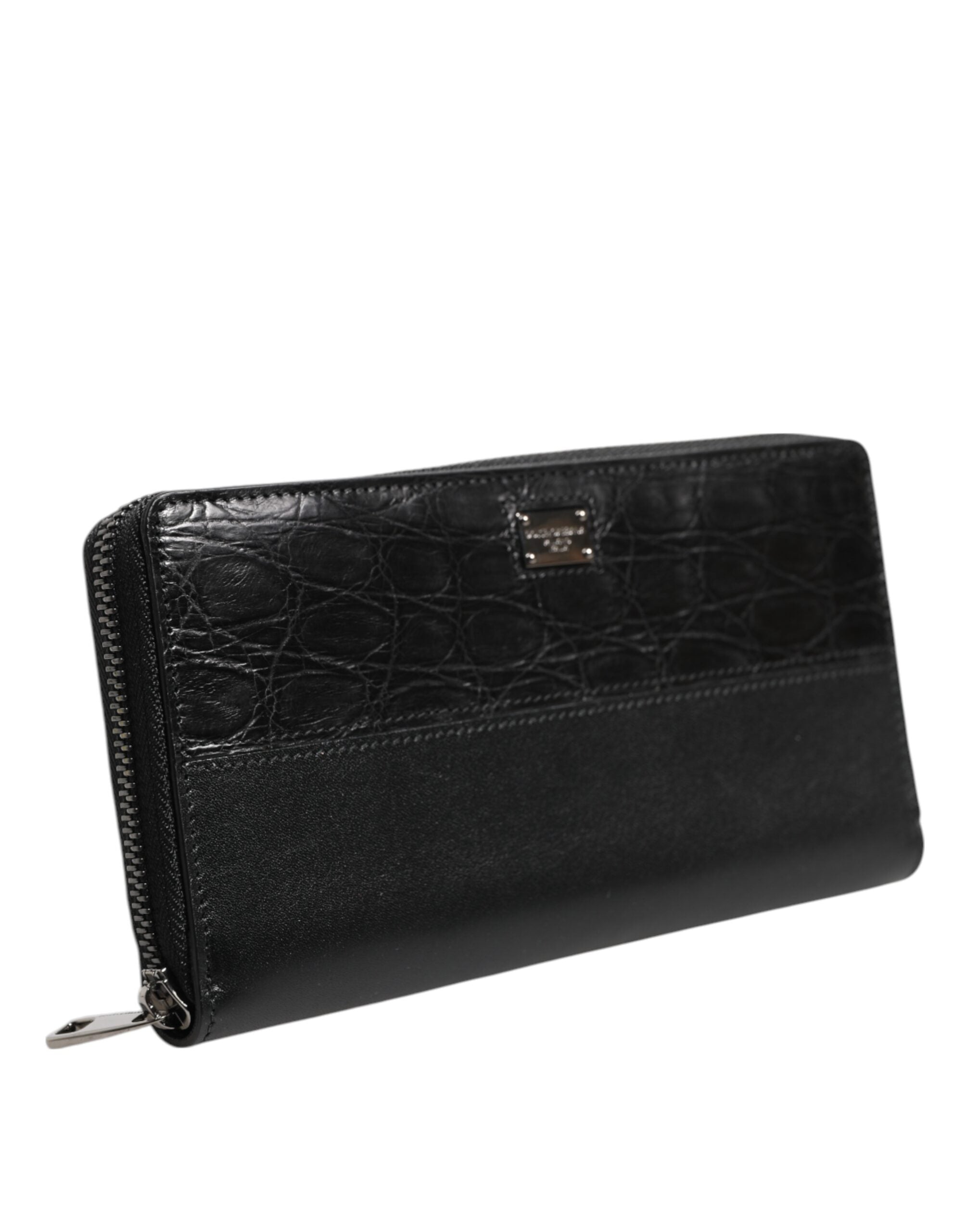 Dolce & Gabbana Black Leather Logo Plaque Zip Around Continental Wallet - ACCEXO