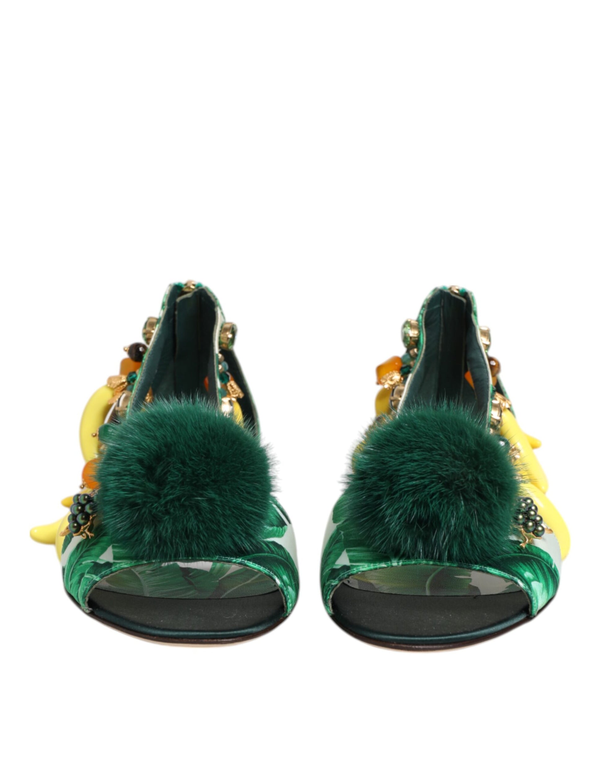 Dolce & Gabbana Green Mink Fur Satin Banana Leaf Sandals Shoes - ACCEXO