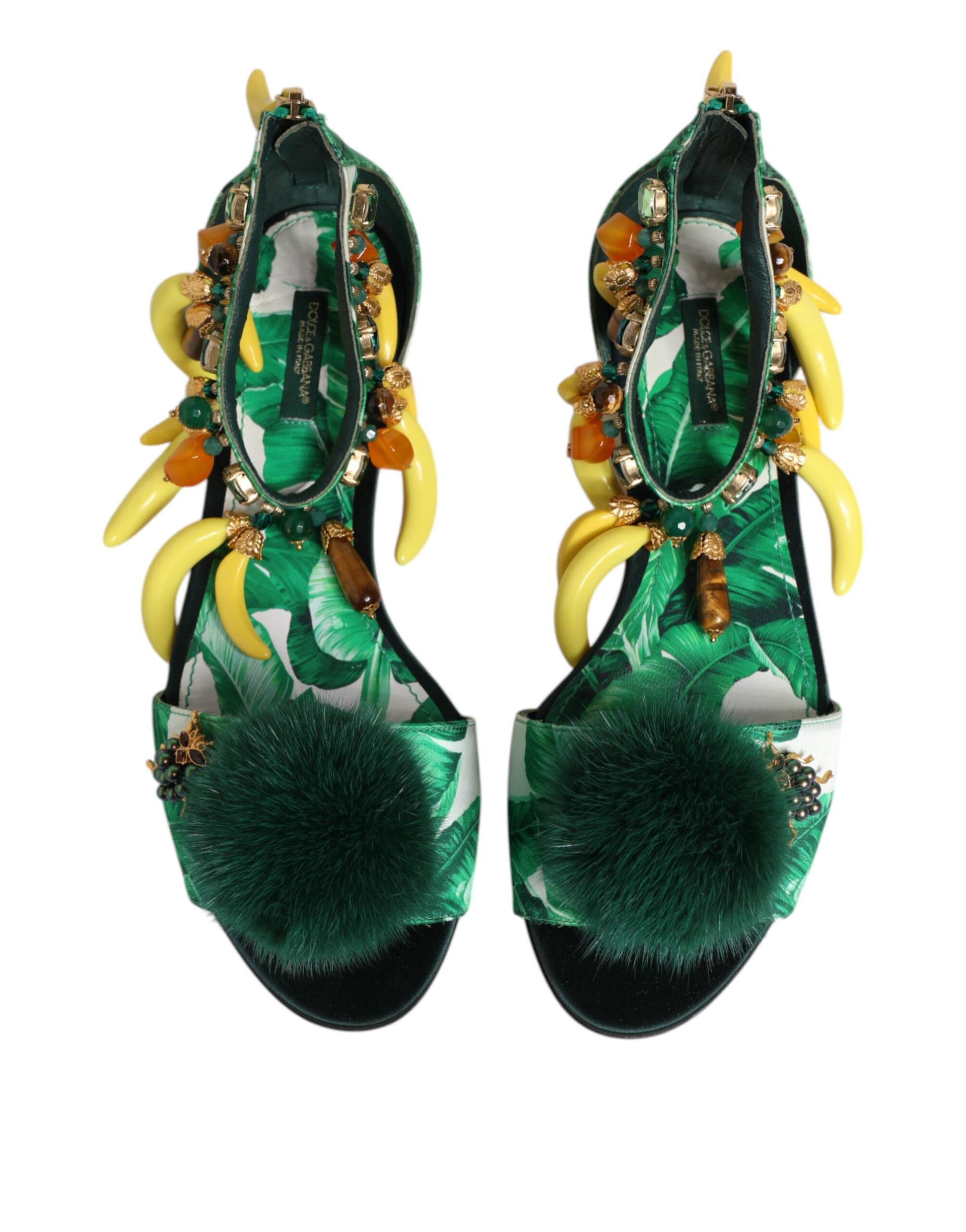 Dolce & Gabbana Green Mink Fur Satin Banana Leaf Sandals Shoes - ACCEXO