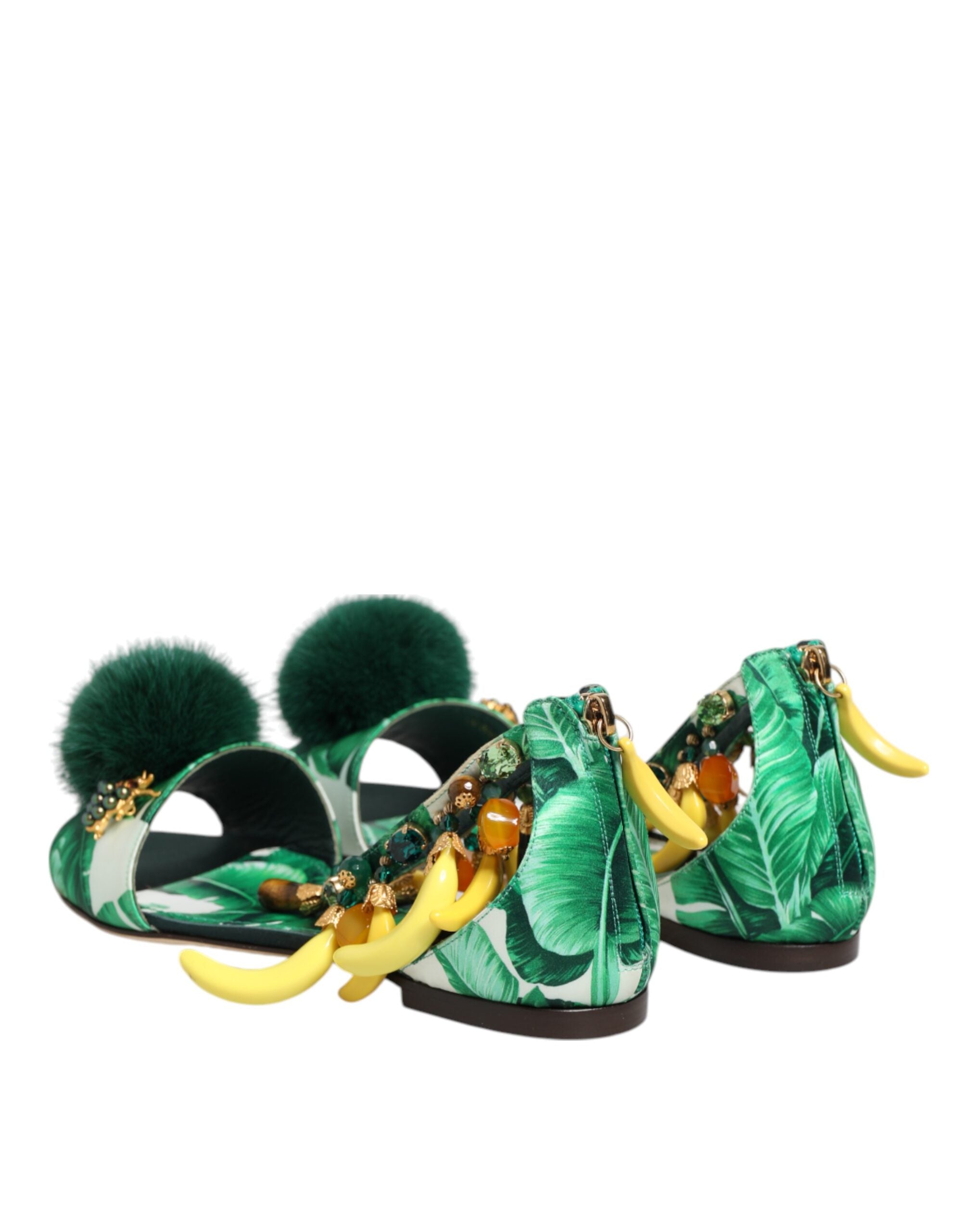 Dolce & Gabbana Green Mink Fur Satin Banana Leaf Sandals Shoes - ACCEXO